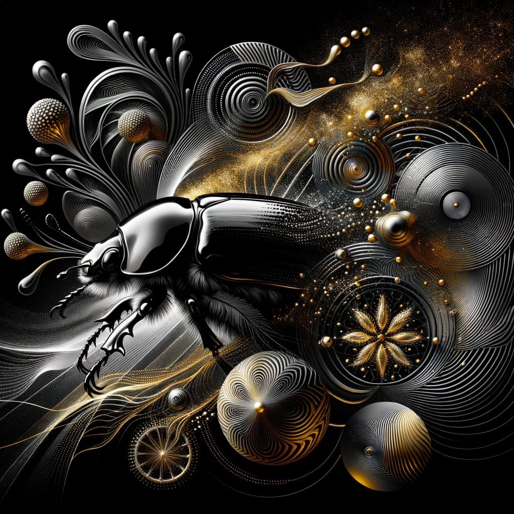 Iridescent Beetle Portrait with Golden Explosions & Geometri...