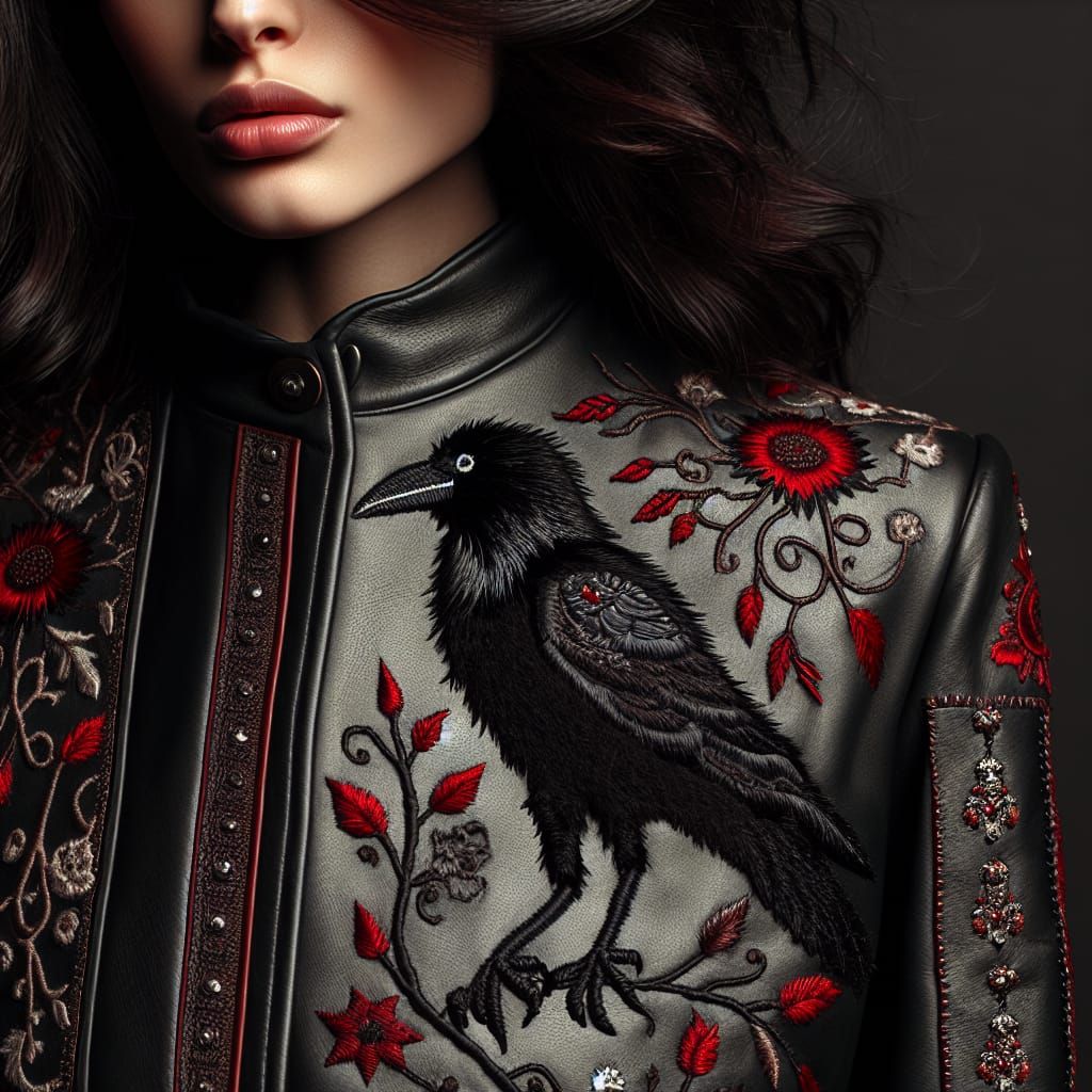 Vintage Gothic Woman in Black Leather Coat with Red Crow Emb...