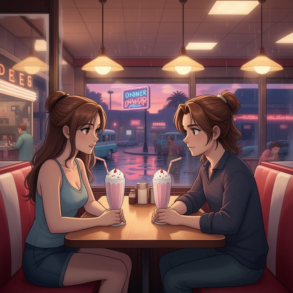 1950s Diner Romance: Couple Shares Milkshake at Dusk