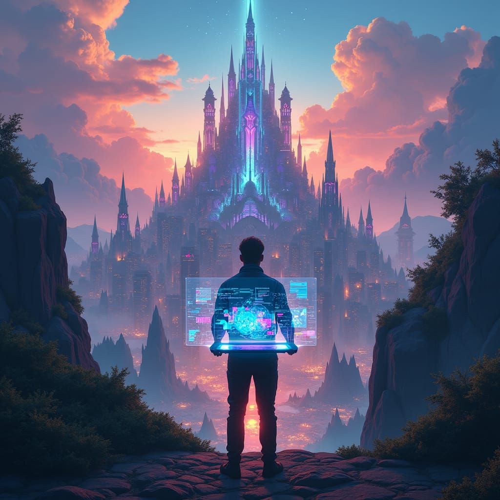 Heroic Data Analyst in Futuristic Cityscape