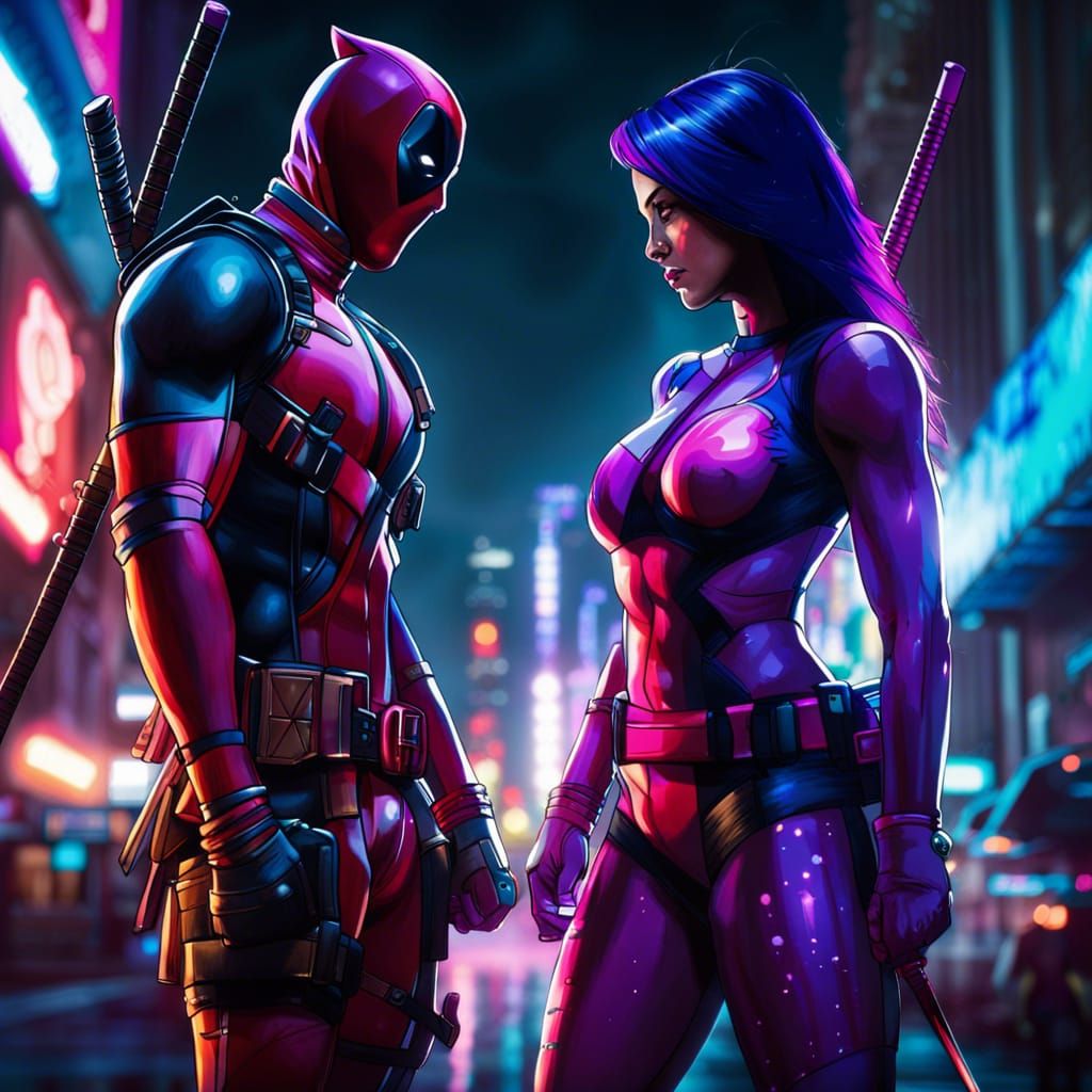 Deadpool and Psylocke in Neon City Nighttime