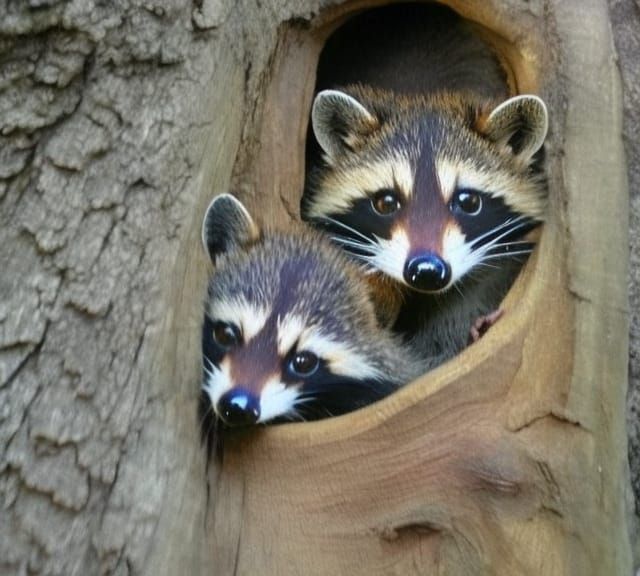 Raccoon Portrait Peeking from Tree Trunk Hole