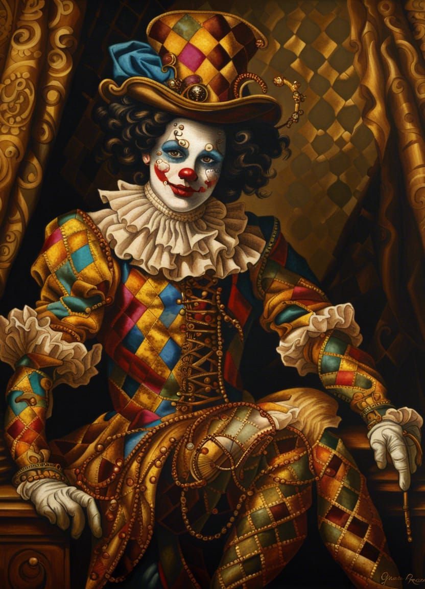 Steampunk Harlequin Jester in Baroque Gold Scale Painting