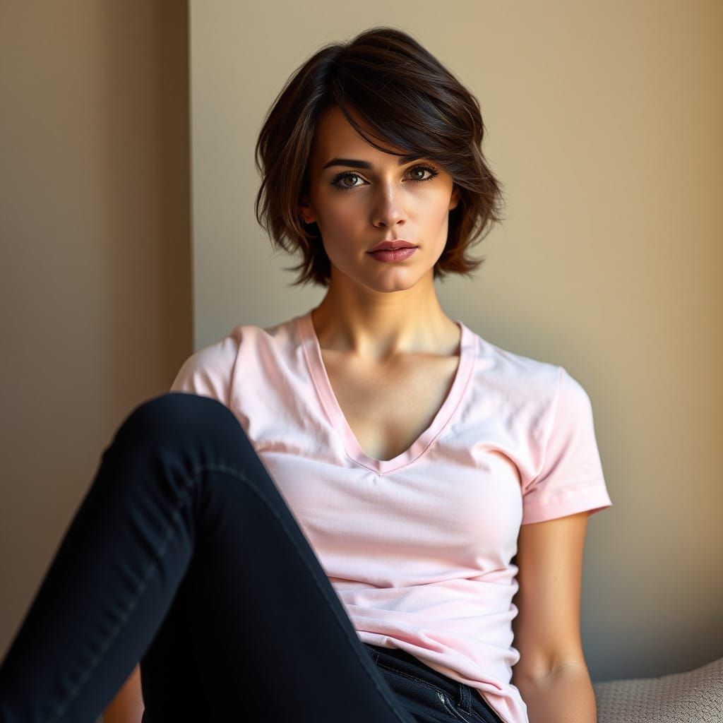 Elegant Man in Fitted Pastel Pink Tee and Dark Jeans