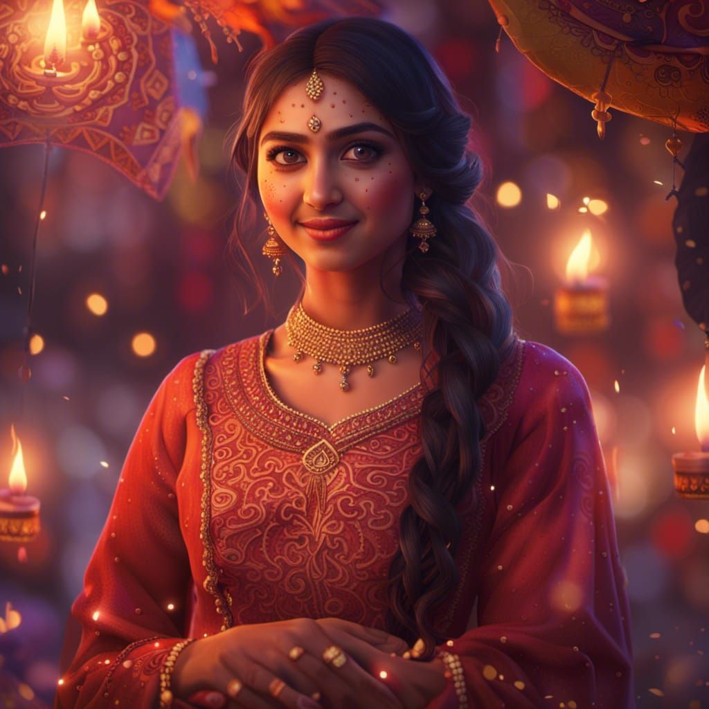 Happy Indian Girl Celebrates Diwali in Detailed Painting