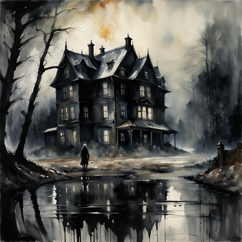 Creepy Horror Scene in Watercolor Chiaroscuro