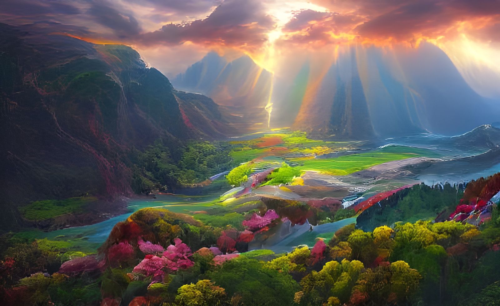 Rainbow Lightning Sunset Landscape in Hyperrealism