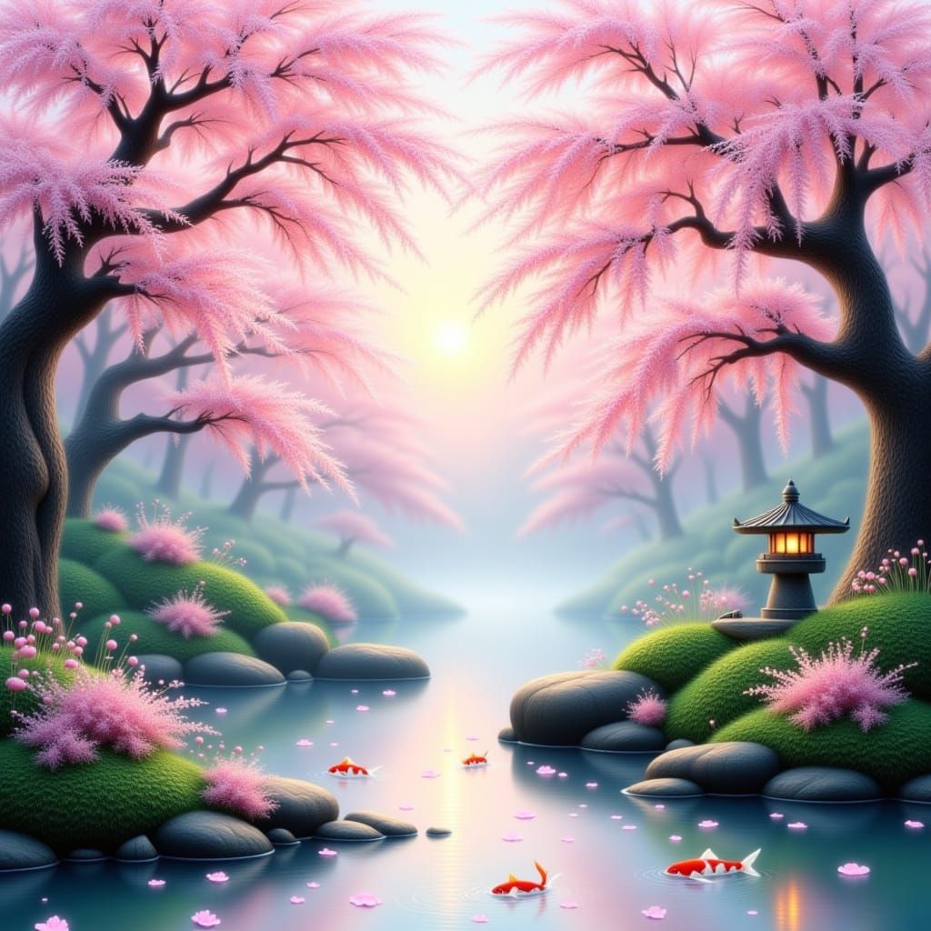 Tranquil Japanese Garden at Dawn in Ukiyo-e Style