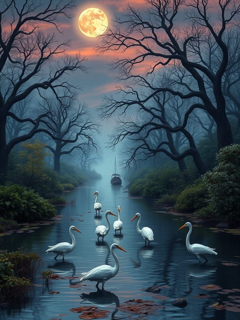 Ethereal Herons Amidst a Tranquil Moonlit Stream