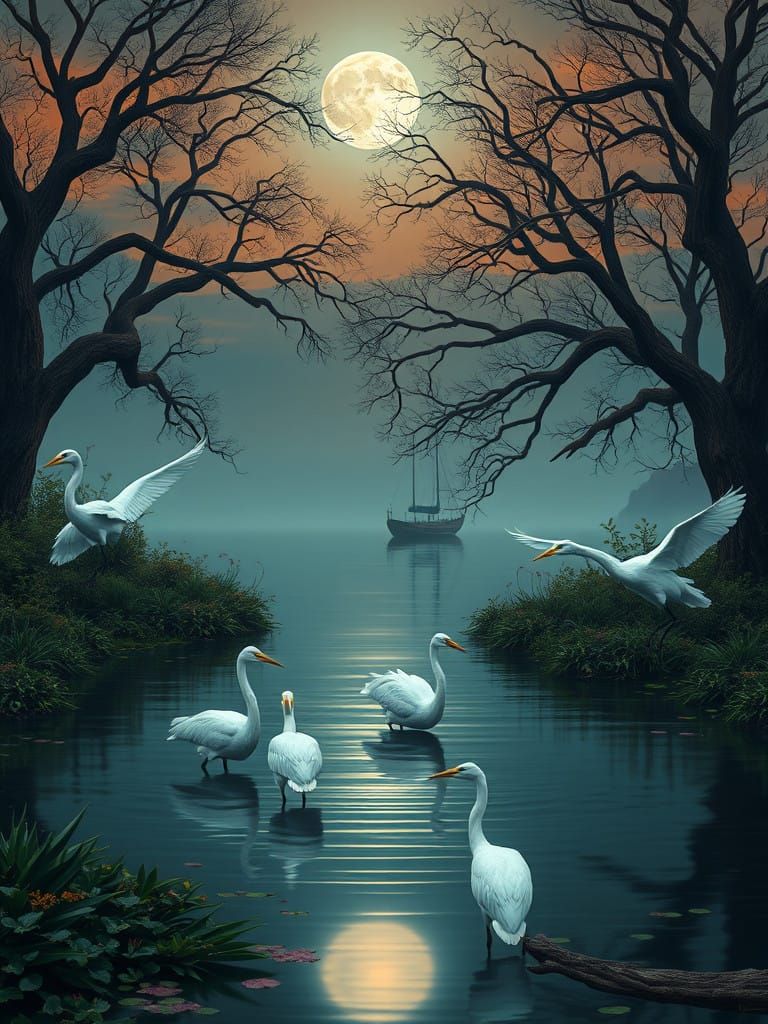 Surreal Moonlit Herons Amidst Serene Forest