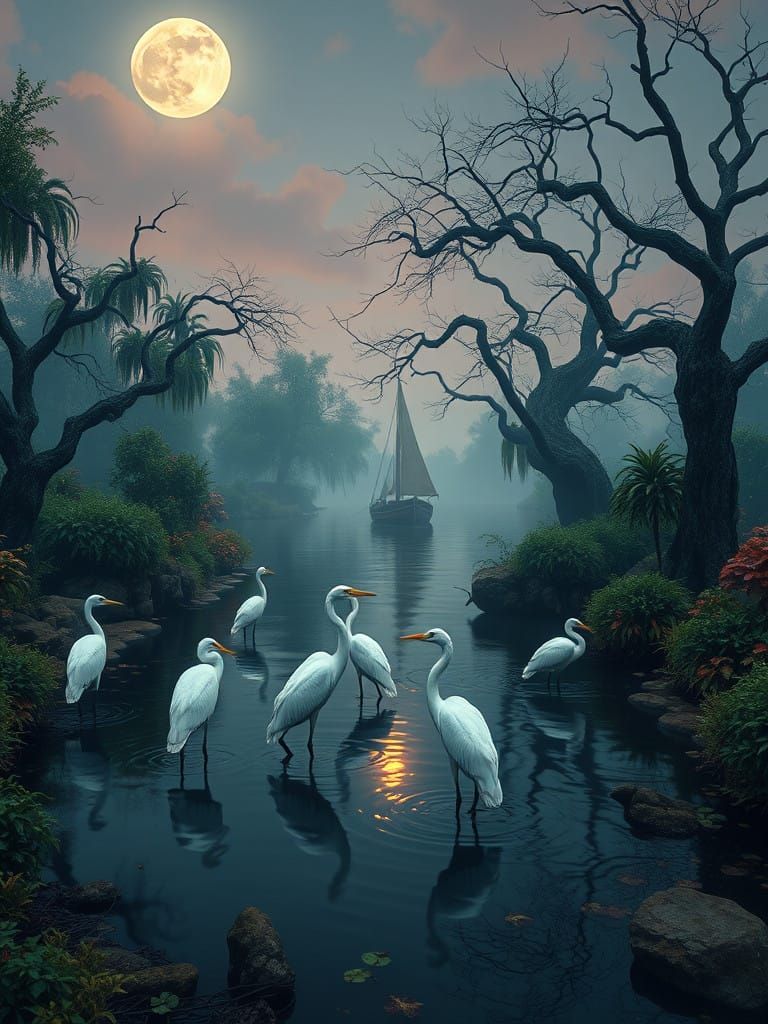 Ethereal Herons in Moonlit Stream