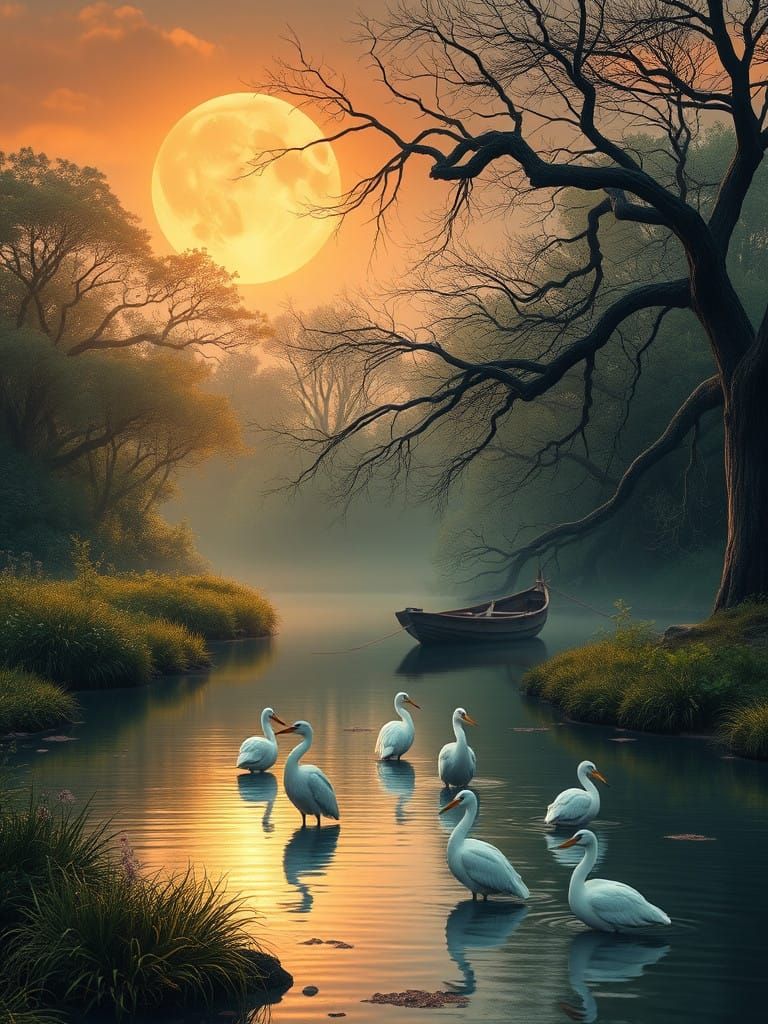 Ethereal Moonlit Stream Scene with Majestic White Herons