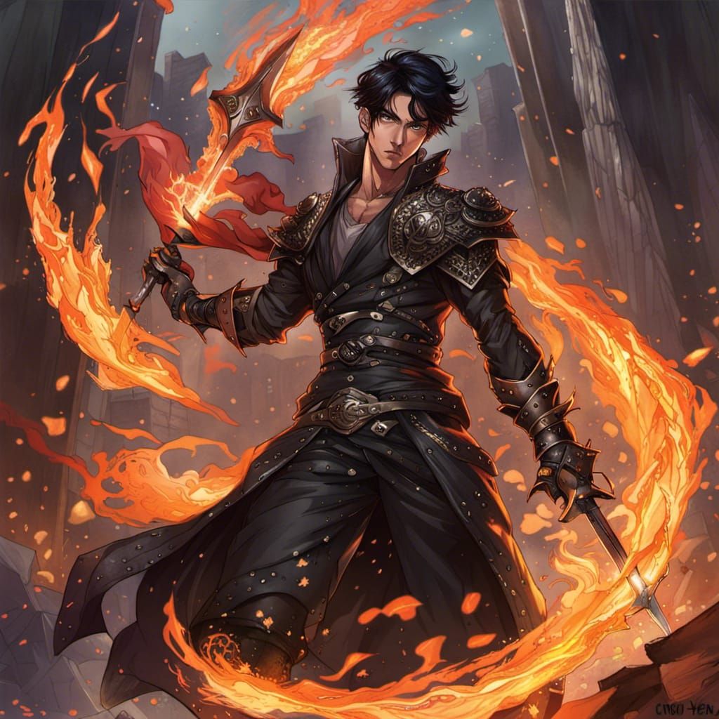 Fierce Pyromancer with Black Sword in Manhwa Style