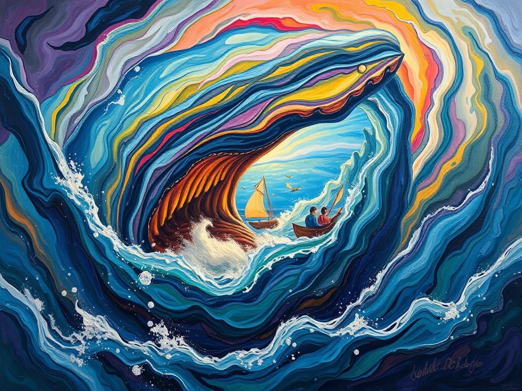 Surrealist Biblical Scene of Jonah and the Whale in Neo-Expr...