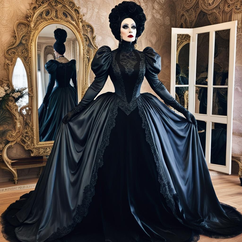 Black Satin Victorian Mourning Gown Couture