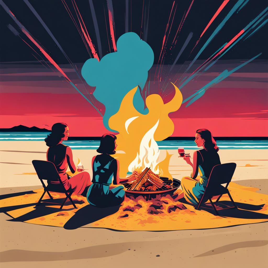 Beach Bonfire at Night in Geometric Bauhaus Pop Art