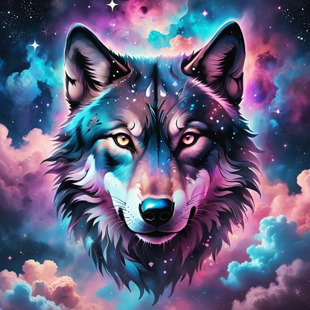 Cosmic Wolf Portrait in Surreal Sci-Fi Art