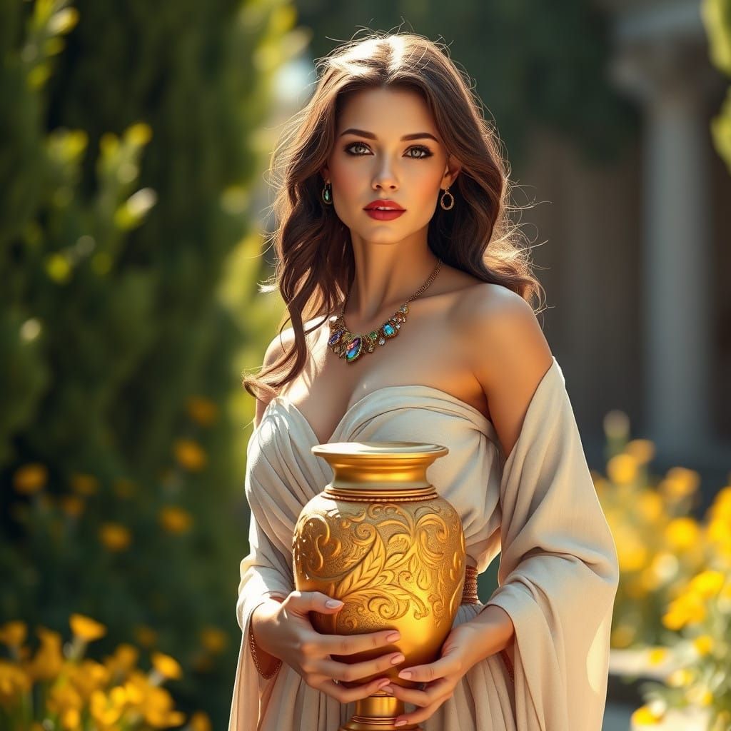 Elegant Woman in a Sun-Drenched Garden, Holding a Golden Vas...