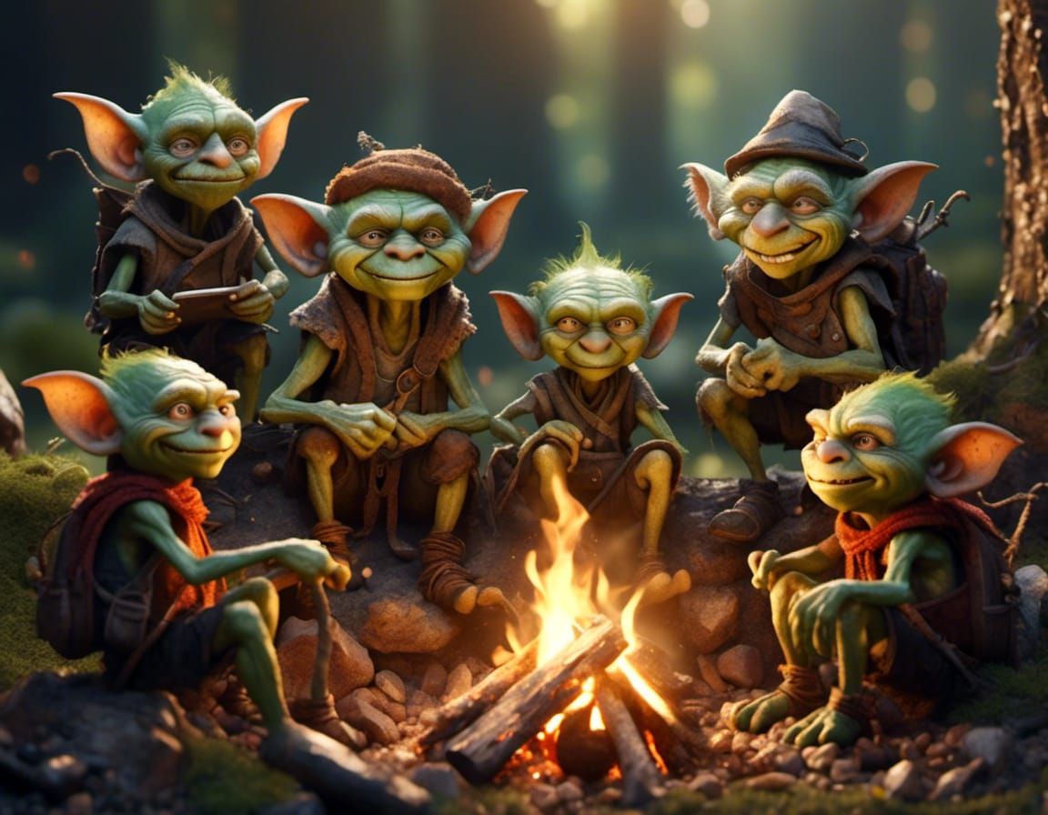 Hyperrealistic Goblins Around Campfire in Wooded Setting