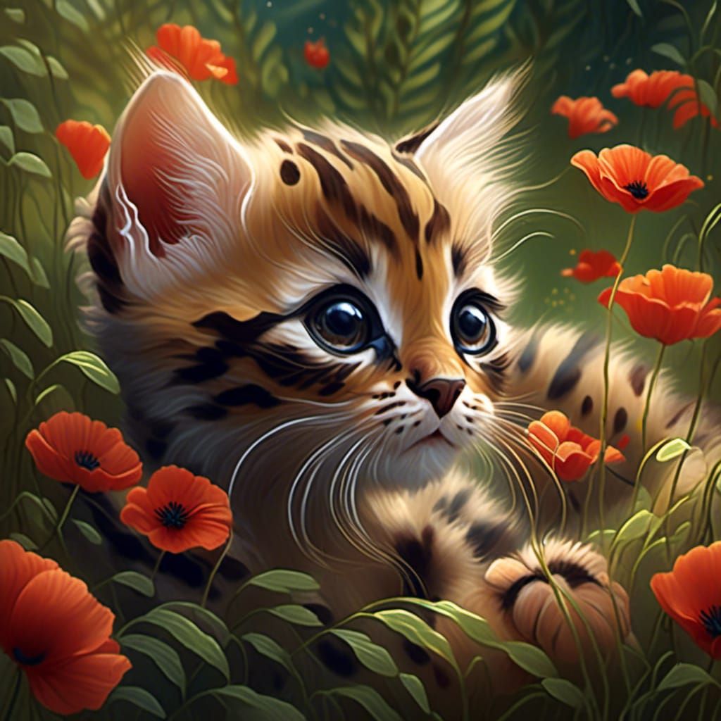 Bengal Kitten in Poppy Garden: Digital Matte Painting