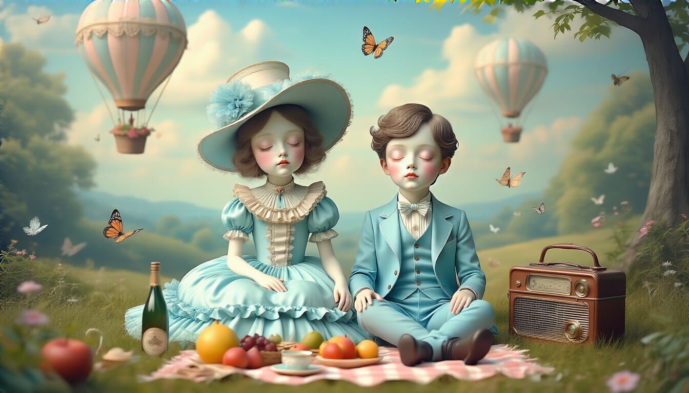 Dreamlike Porcelain Children in Surreal Landscape