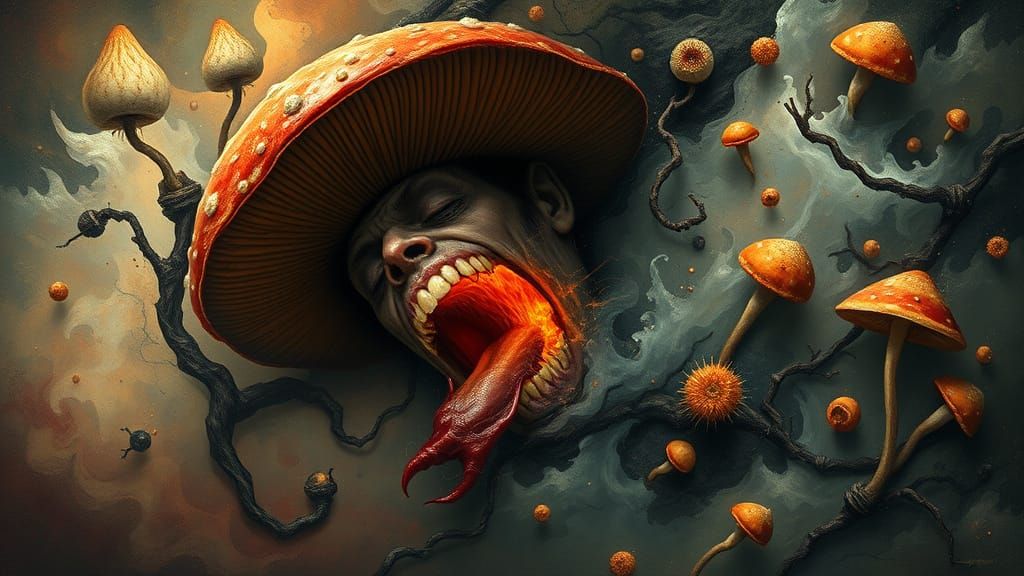 Vampire Bites into Glowing Amanita amidst Cosmic Bio-Art