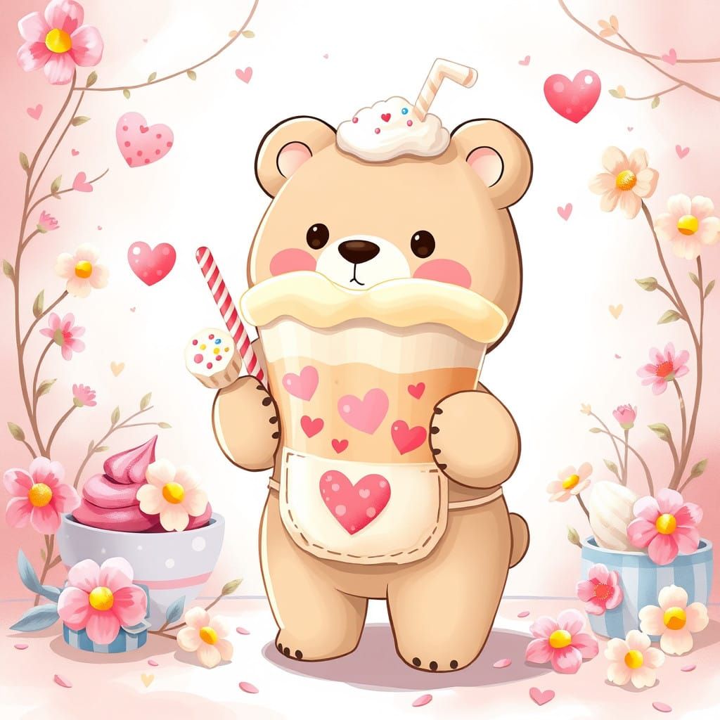 Whimsical Kawaii Bear Sips Iced Coffee in a Pastel Paradise