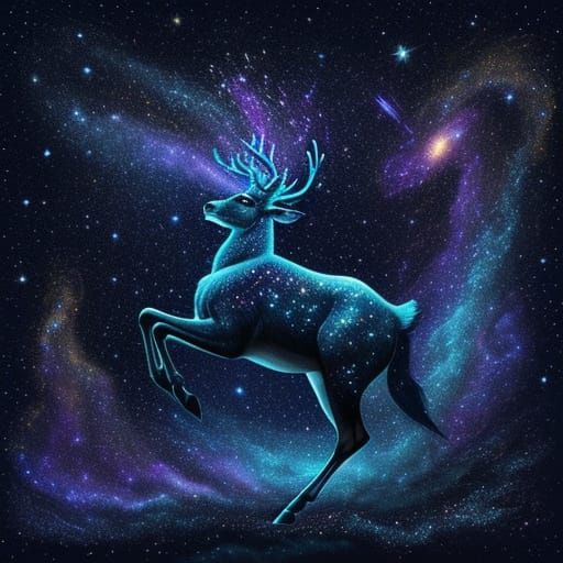 Blue Deer Leaping Through Galaxy: Expressionist Impasto Pain...