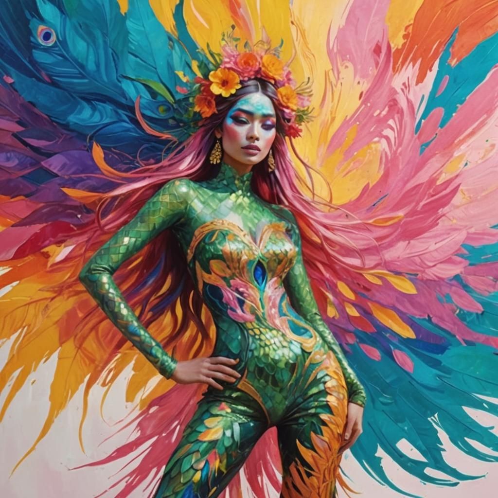 Dragon-Peacock Woman in Vibrant Digital Fauvism