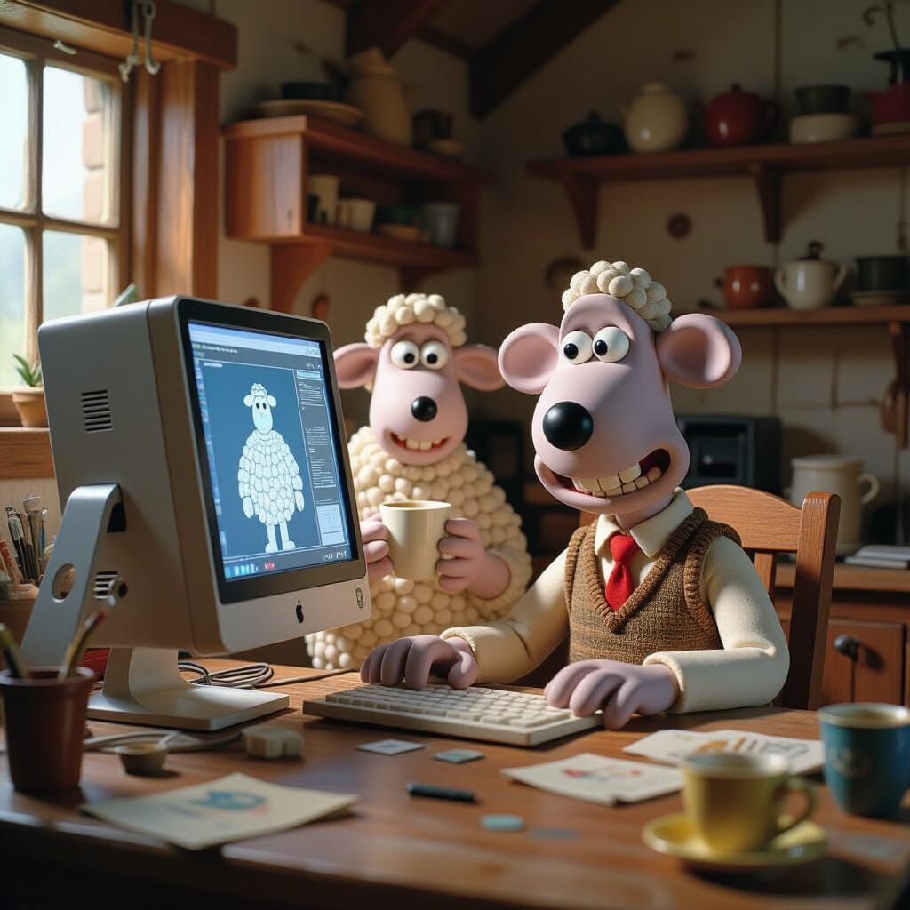 Wallace and Gromit Create AI Art in Claymation Style