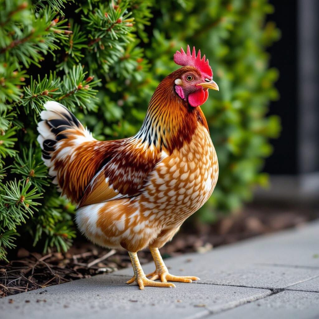Realistic Hen on Concrete with Greenery Background