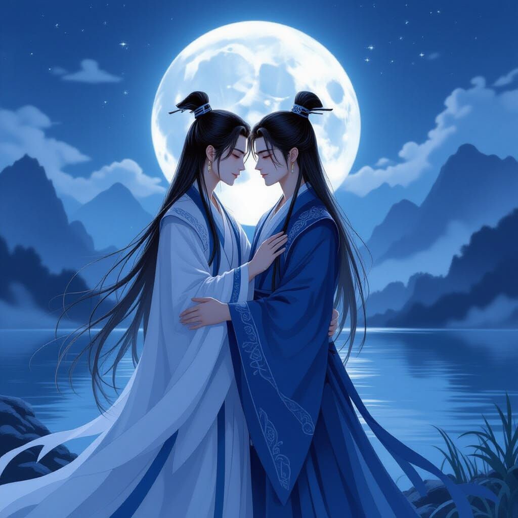 Serene Embrace Under Moonlight: Qinghua Wang Style