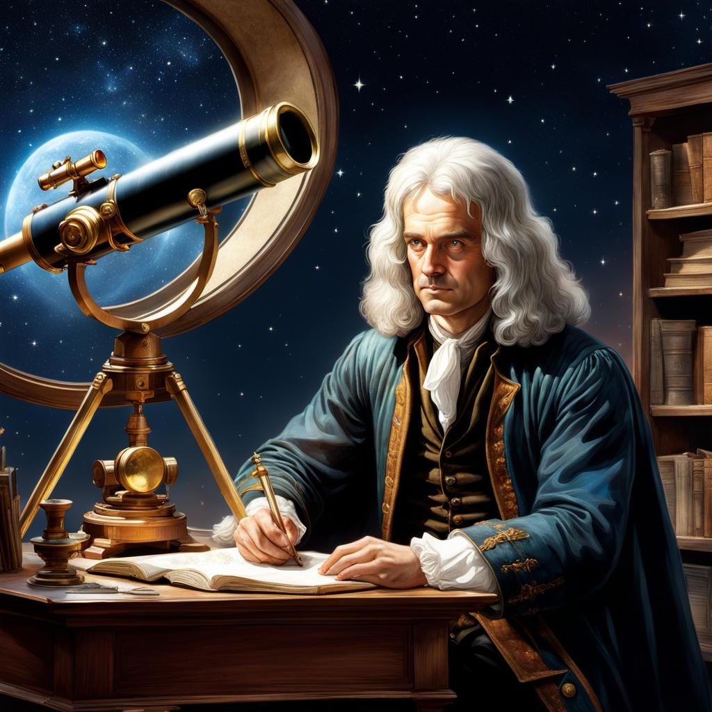 3D photorealistic fully finished rendering of (Isaac Newton looking through his telescope at the stars :1.3), on his des...