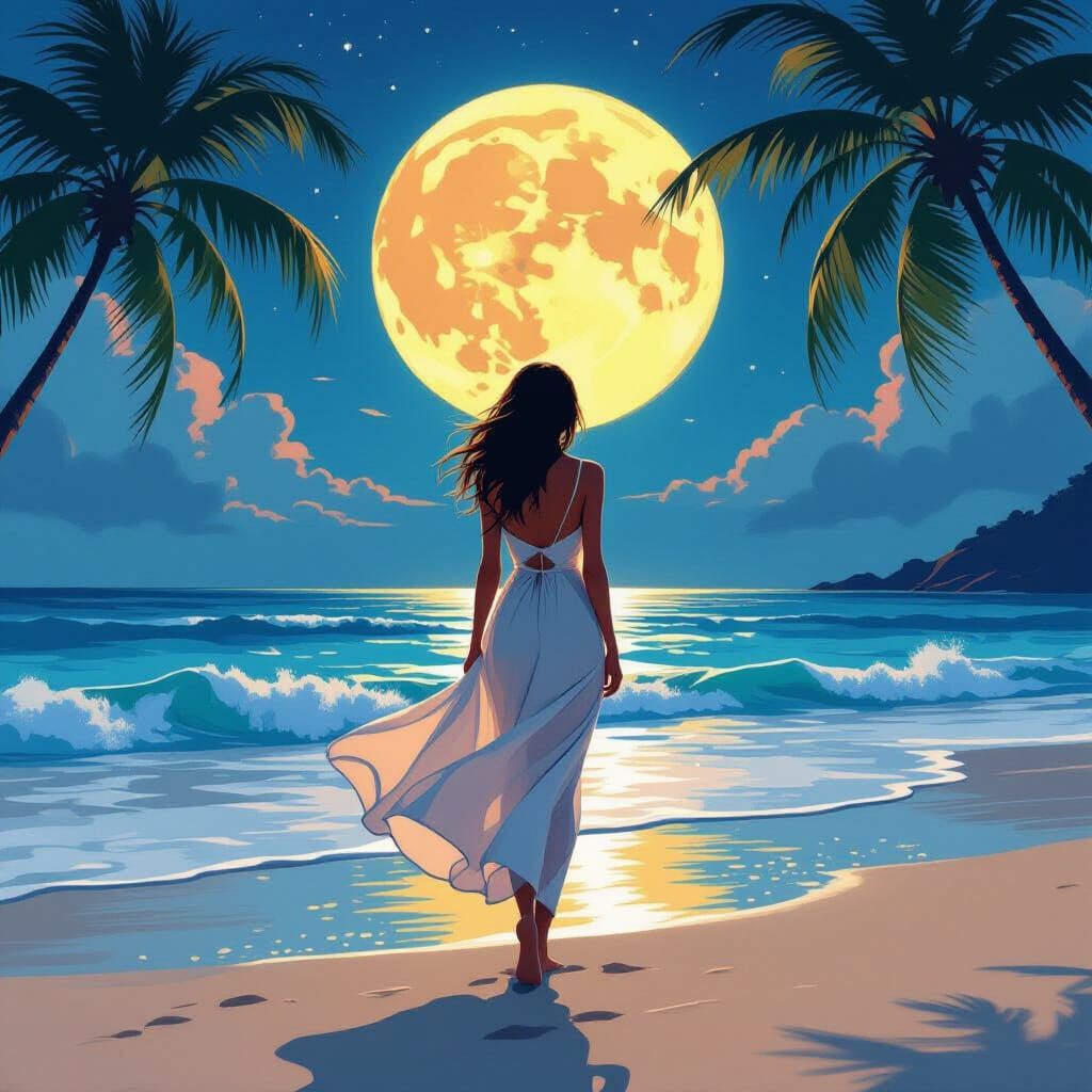 Woman on Moonlit Beach in Whimsical Style