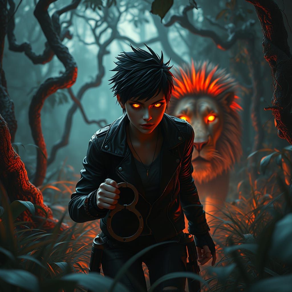 Cyberpunk Jungle Huntress Tracks Lion in Dystopian Night