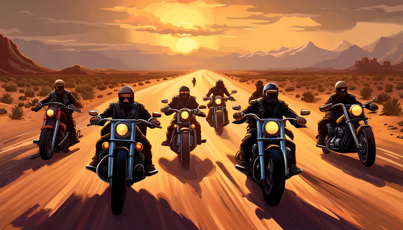A Motorcycle Club Riding Down A Dessert Highway