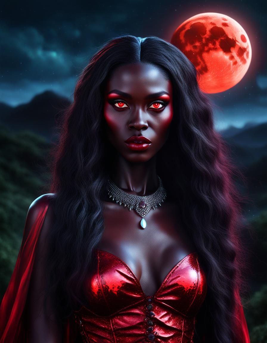 Vampire Woman under Blood Moon in Mythical World