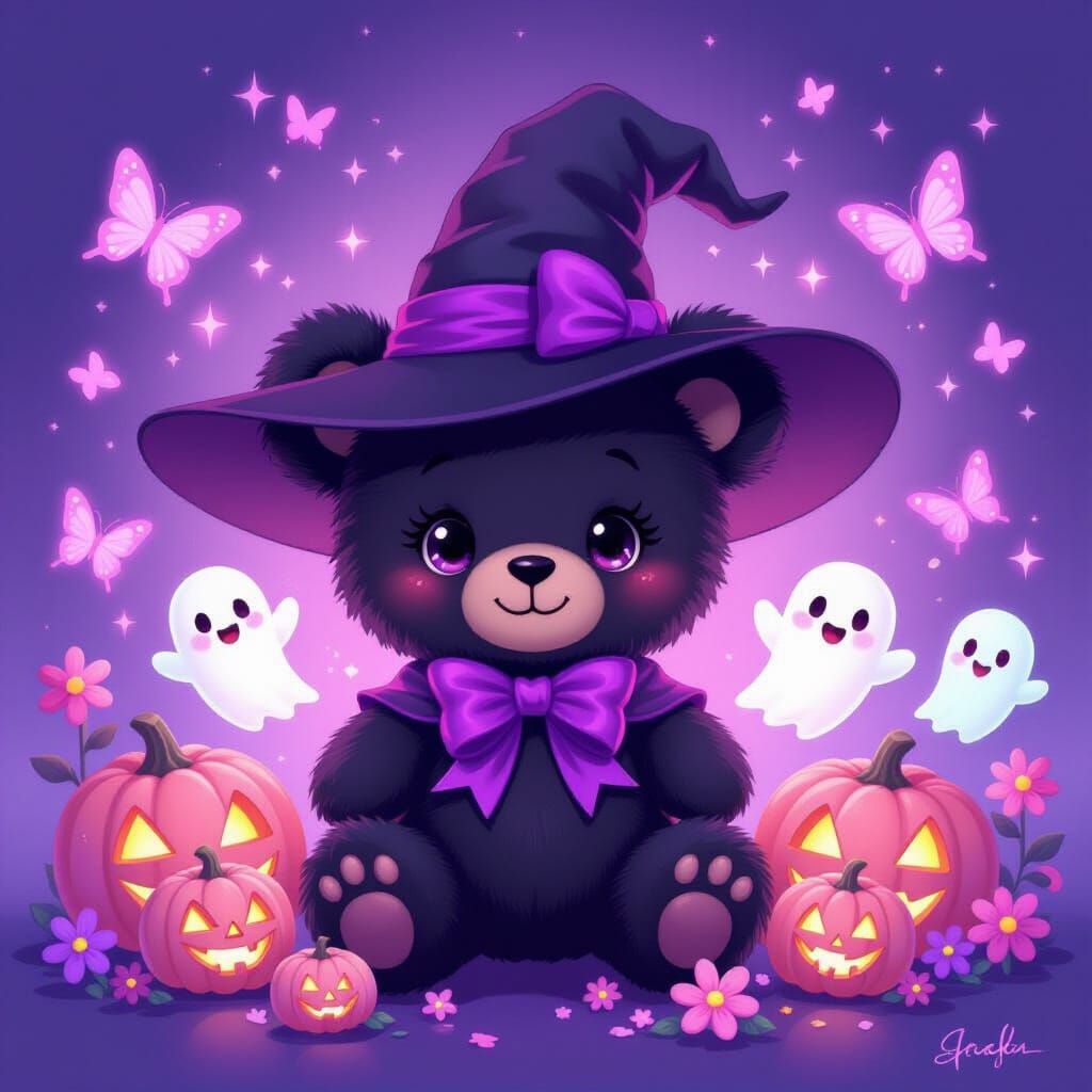 Cute Witch Teddy Bear with Pink Pumpkins and Rainbow Sparkle...