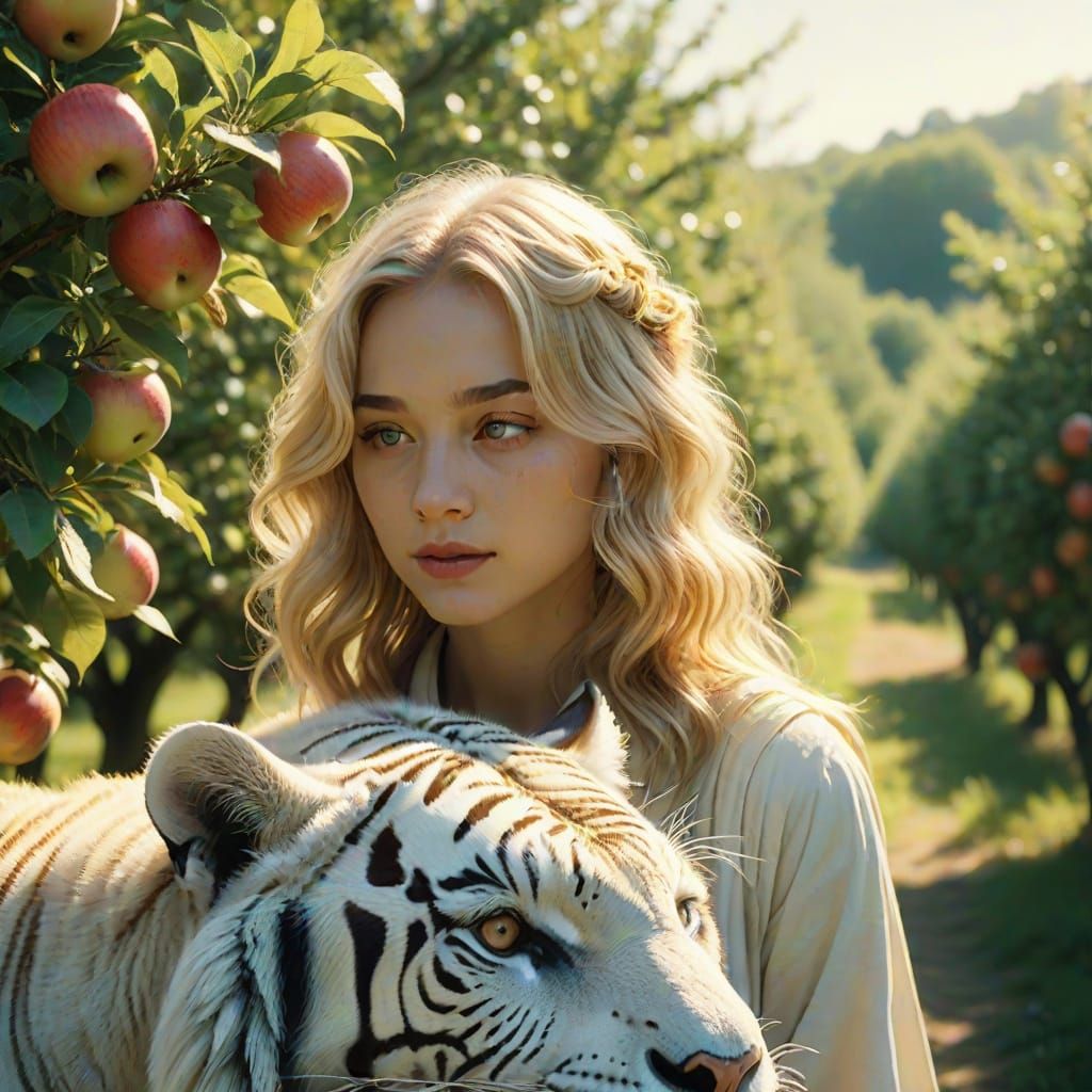 Angel and Tiger in Apple Orchard