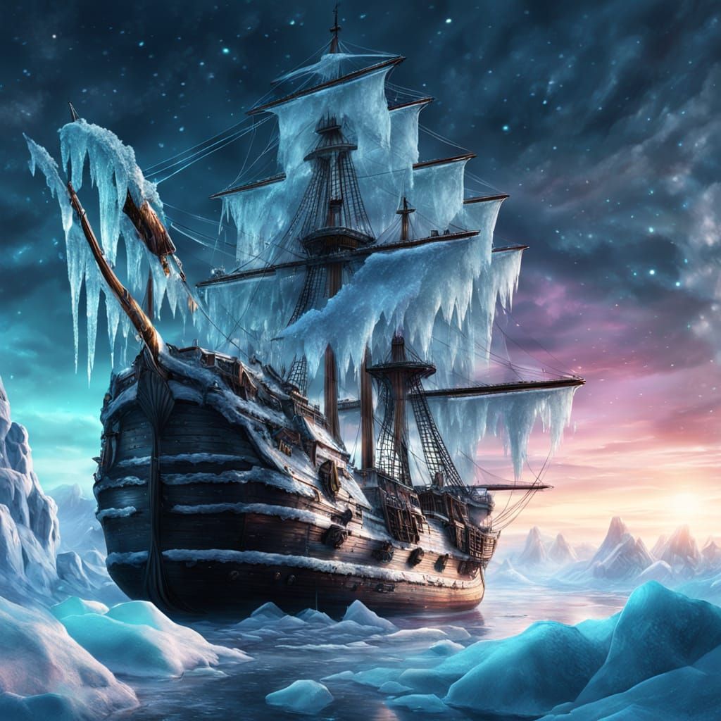 Spectral Galleon Drifting in Frozen Arctic Ocean