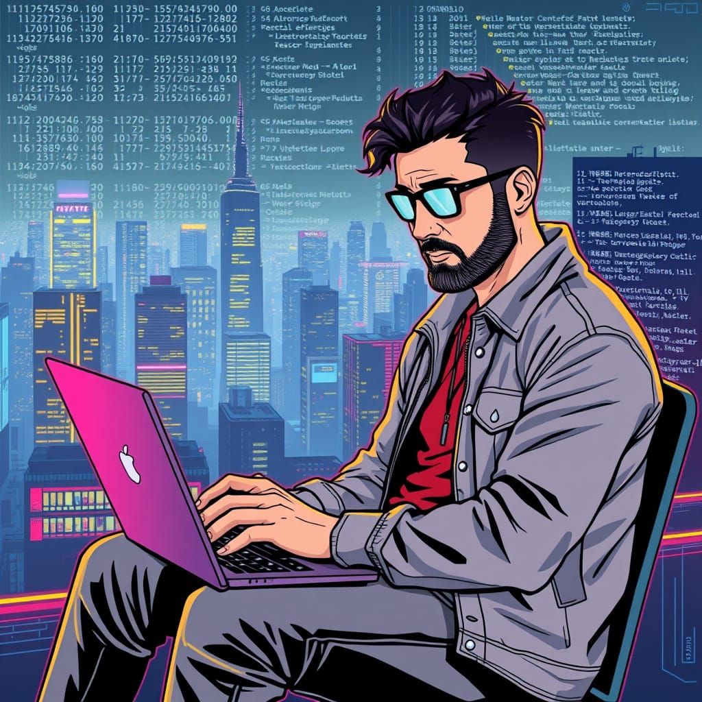 Cyberpunk Cityscape Overlay with Laptop User