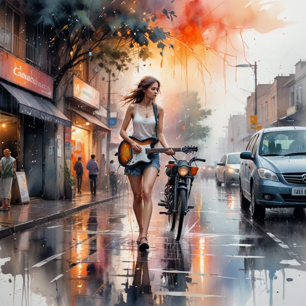 Monsoon Street Scene in Watercolor Style