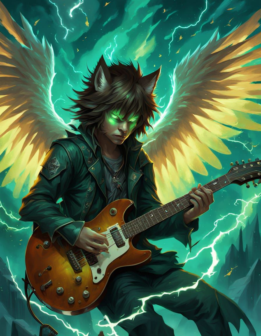 Teenage Wolf Boy with Nephilim Wings Plays Electric Guitar