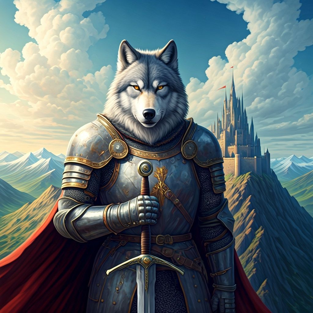Armored Wolf Guarding Castle in Fantasy Art Style