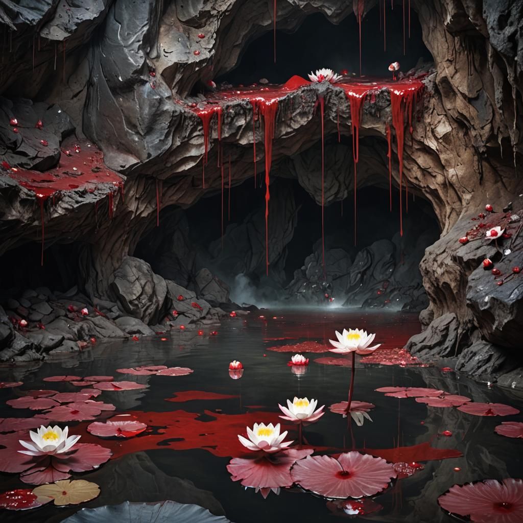 Bloody Cave with Lotus Flowers: Dark Horror Scene