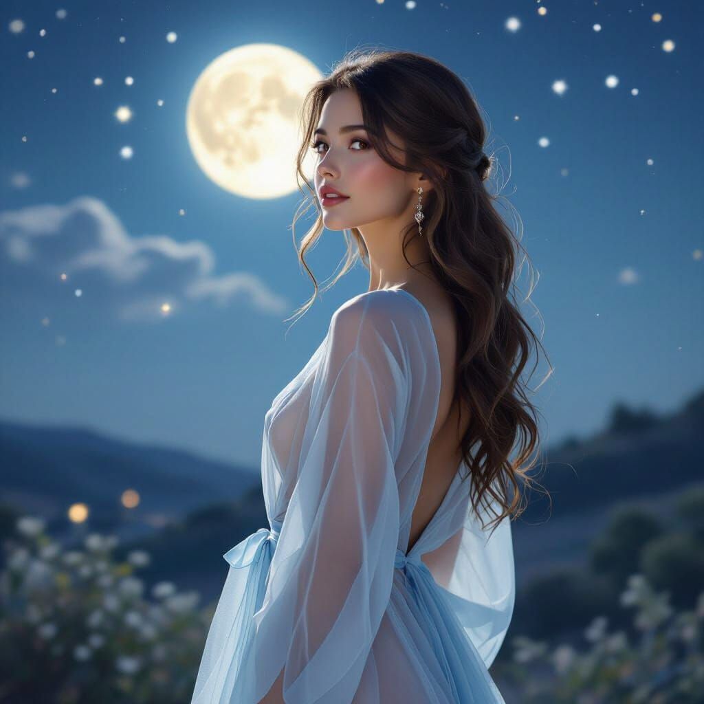 Elegant Woman in Flowing Robe Under Starry Night Sky