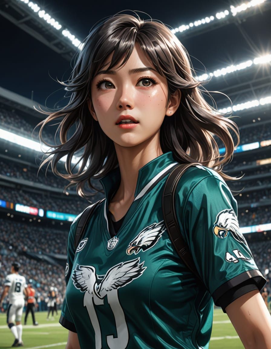 Eagles Cheerleader in Hyperrealistic Anime Style