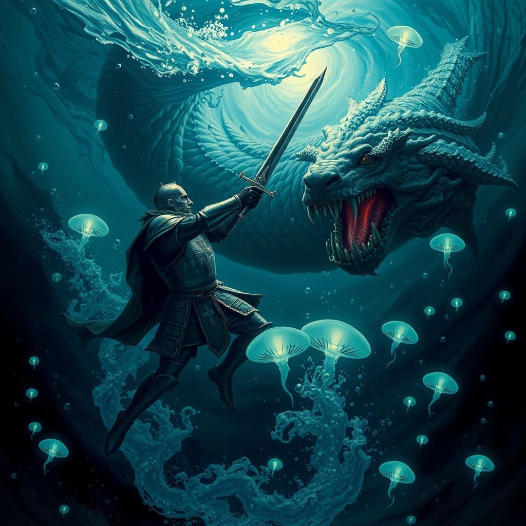 Medieval Knight Battles Léviathan in Dark, Mystical Ocean