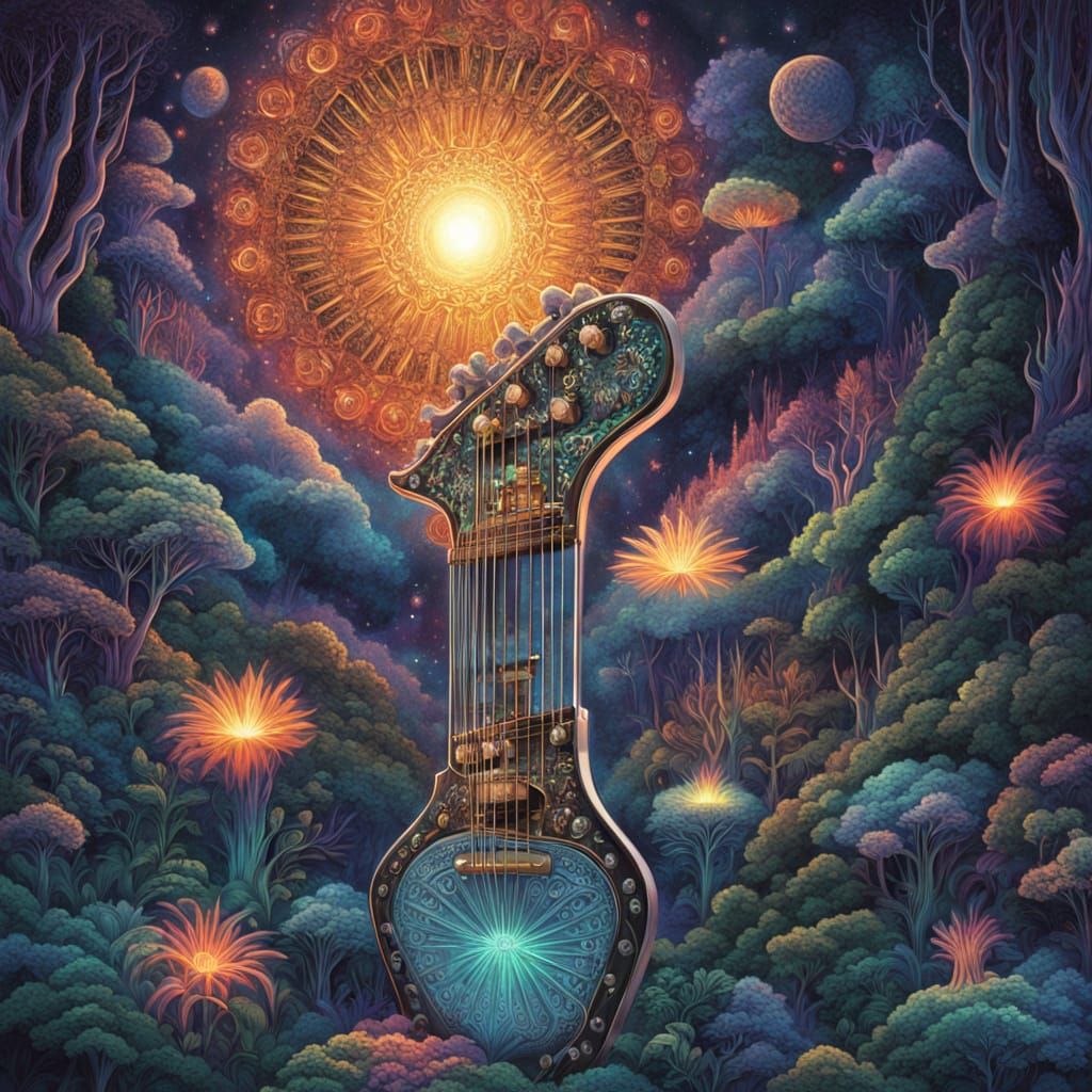 Android Playing Guitar in Cosmic Forest