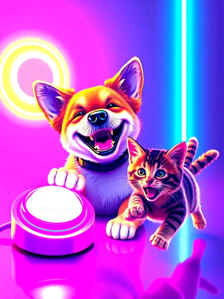 Dog Controls Cat-Catcher in Synthwave Neon Retro Style